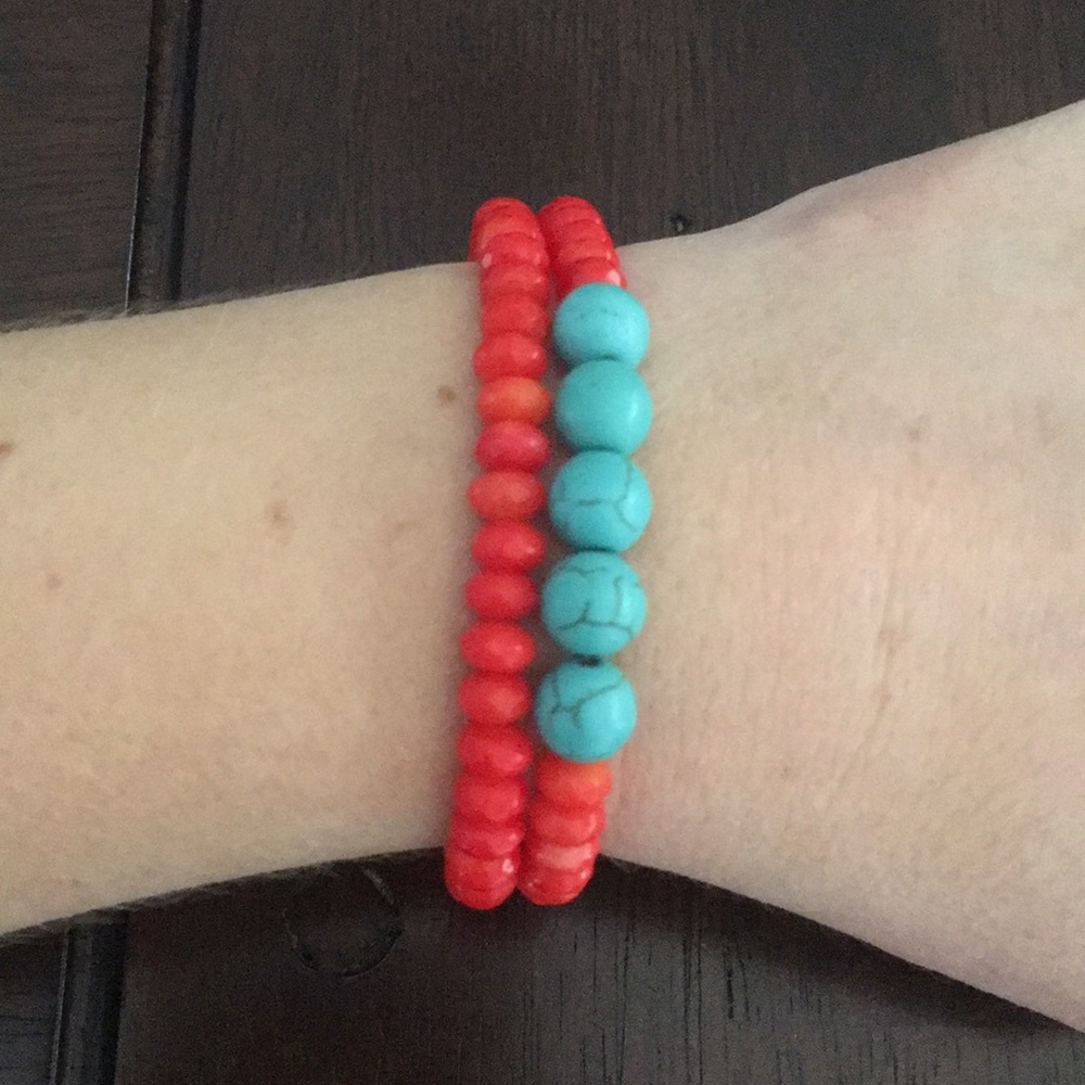 Handmade Coral & Teal Bracelet set